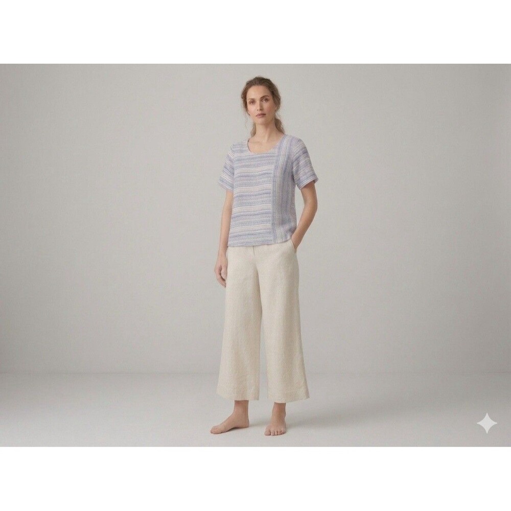 Citron Bleu Linen Cotton Mixed Stripe Top M Lagenlook Coastal Button Back Blouse